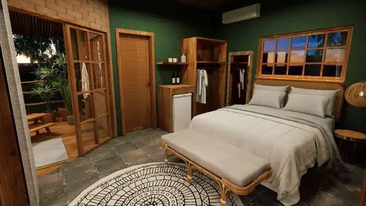 projeto de hotel com quartos rústicos e elementos em madeira