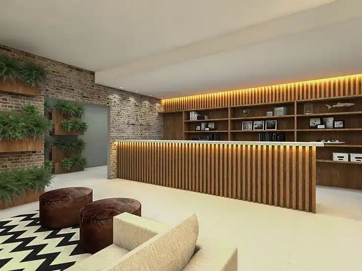 projeto de hotel moderno com recepção acolhedora e moderna