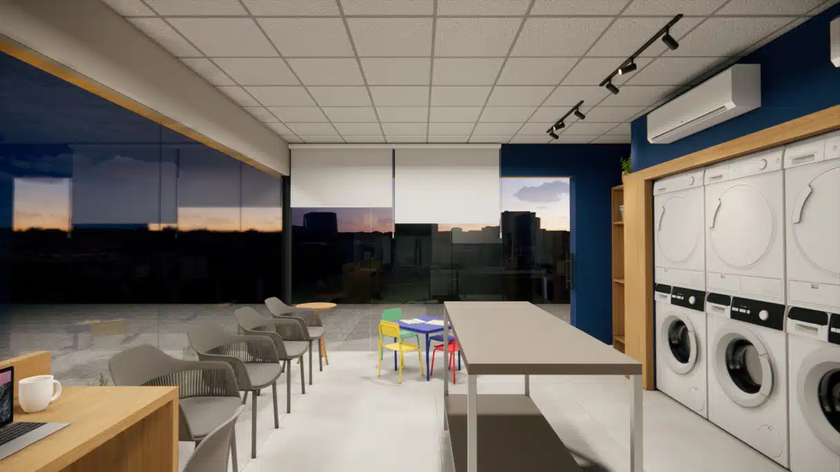 projeto de fachada e interior de lavanderia vista da fachada de lavanderia por dentro