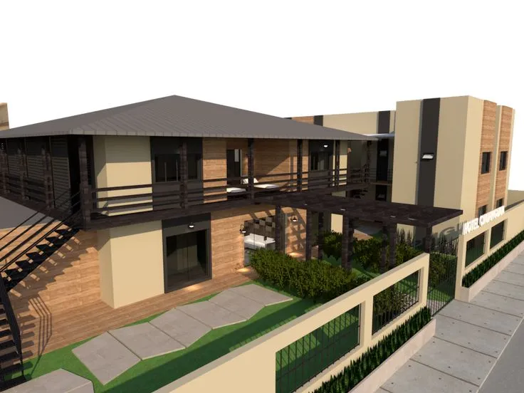 projeto de arquitetura de fachada de hotel lateral